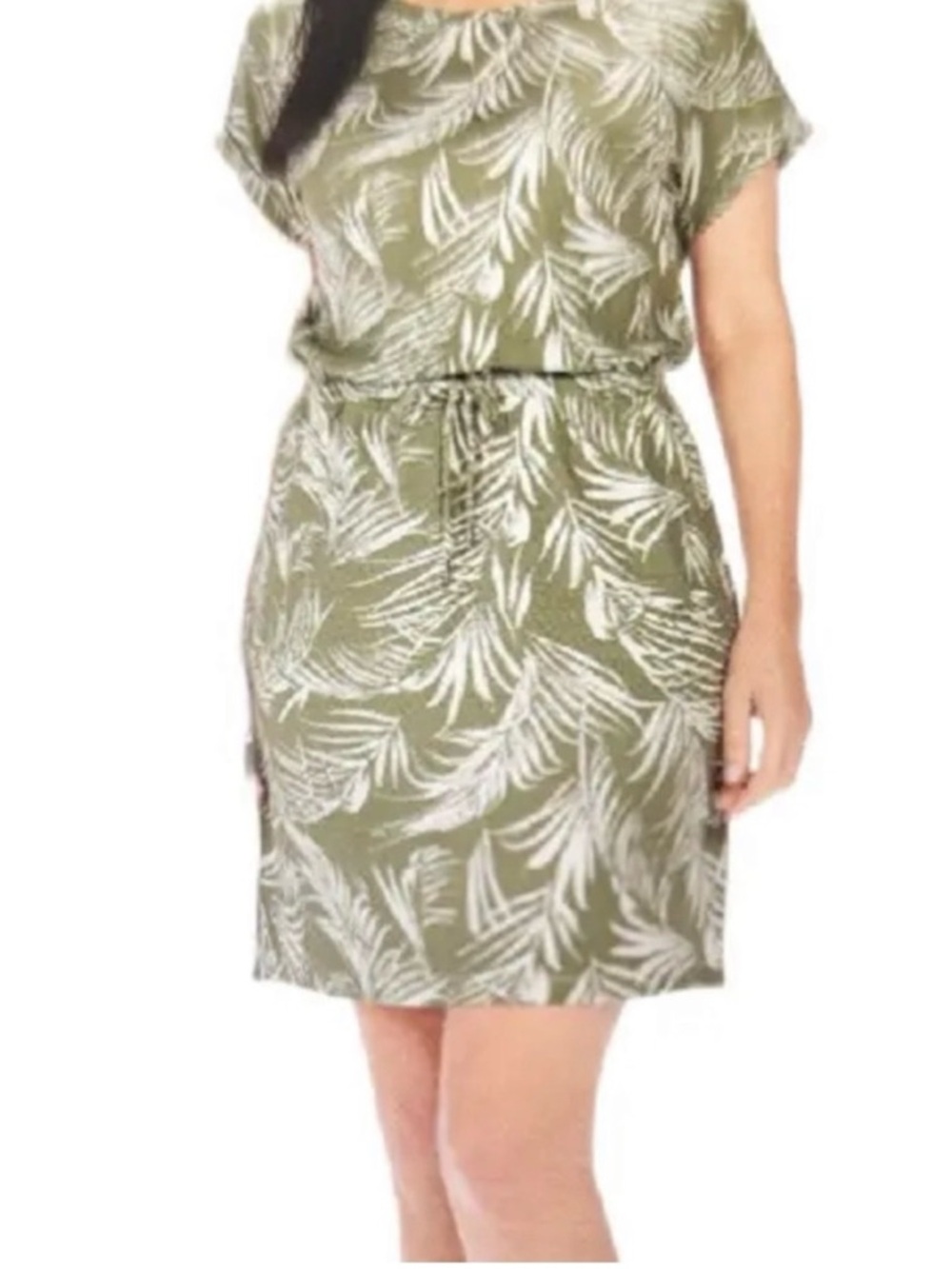 Hilary Radley Olive Green Tropical Print Drawstring Waist Dress